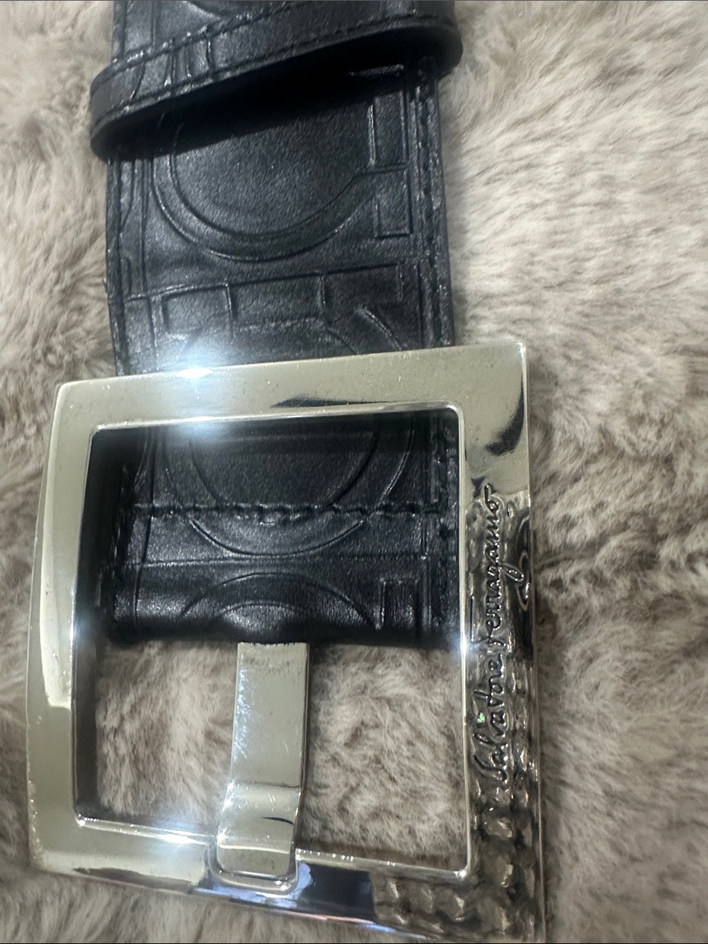SALVATORE FERRAGAMO Black Embossed Leather Logo Belt with Silver logo Buckle